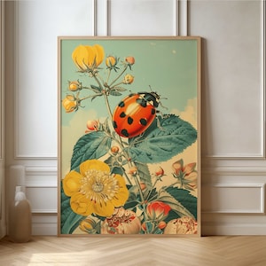 Colorful Vintage Ladybug Poster - Nature-Inspired Flower and Bug Print