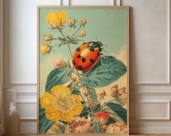 Colorful Vintage Ladybug Poster - Nature-Inspired Flower and Bug Print