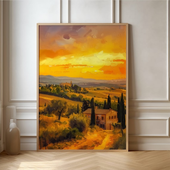 Tuscany Sunset Landscape Art Print - Rustic Italian Countryside