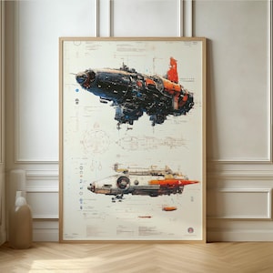 Op de afbeelding: Een ingelijste print van een gedetailleerde technische tekening van twee futuristische ruimteschepen. Het grotere ruimteschip is rood, zwart en blauw, terwijl het kleinere ruimteschip wit, oranje en zwart is. De print is op een witte achtergrond met zwarte lijnen.