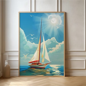 Serenity at Sea Poster - farbenfroher Segelboot-Kunstdruck, ideal für Nautikliebhaber und Küstenheimästhetik