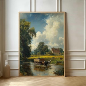 Vintage Style Farm Scene Poster - Serene Ölgemälde von Pferden und Cottage