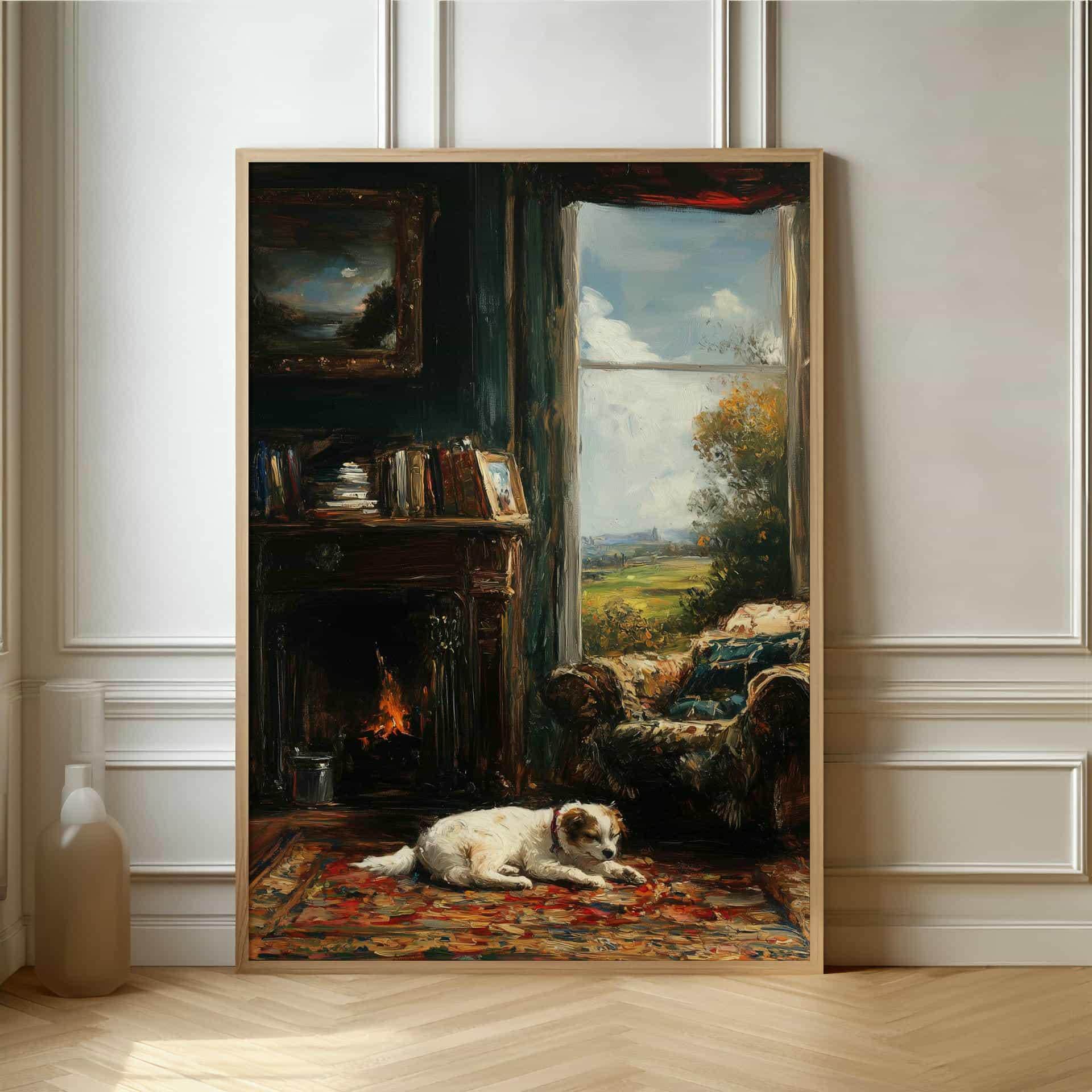 Cozy Dog by Fireplace Poster - Warm Oil Painting for Home Decor - Etsy