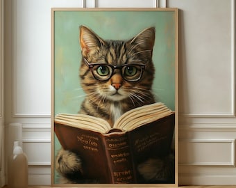 Cat Reading Book Art Print – Whimsical Feline with Glasses