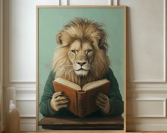 May include: A painting of a lion with a mane reading a book. The lion is wearing a green jacket and is sitting at a wooden table. The background is a light blue color.