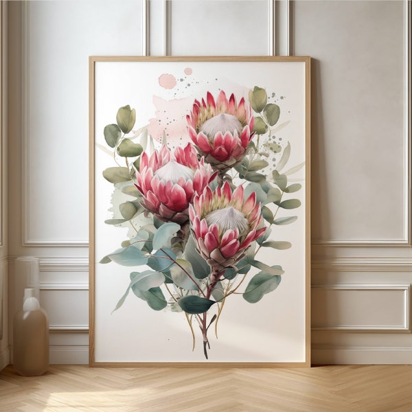King protea watercolor in bloom, South Africa, Nature, Poster