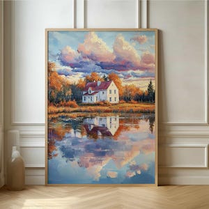 Póster de casa en el lago tranquilo: impresionante arte mural con paisaje otoñal impresionista