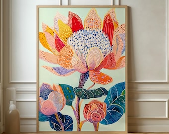 May include: A colorful painting of a large pink flower with red, yellow, and orange petals. The flower is surrounded by smaller pink flowers and green leaves. The background is a light blue color.