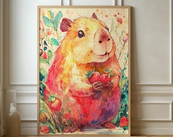 Capybara Aquarell Kunstdruck – Erdbeere Tier Illustration