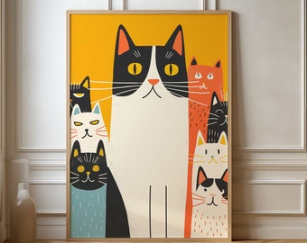 May include: A colorful illustration of a group of cats. The main cat is white with black markings and large eyes. The other cats are black, white, orange, and red. The background is a bright yellow.