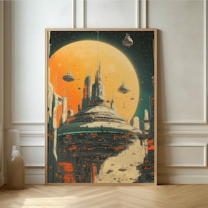Futuristic Cityscape Poster - Sci-Fi Digital Art Print, Stunning Space-Themed Wall Art for Modern Home Decor
