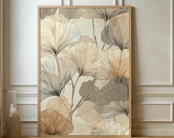 May include: A framed art print featuring a botanical illustration of ginkgo leaves in shades of beige, brown, and gray. The artwork has a delicate, linear style, with the leaves overlapping against a neutral background. The frame is made of light-colored wood.