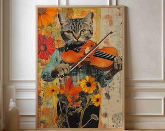 Póster de violinista de gato caprichoso: impresión artística estilo collage vintage