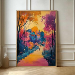 Póster con escena de pueblo encantador: decoración de paisaje otoñal abstracto y brillante