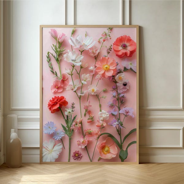 Flower Flat Lay Art:  Spring flowers on a pastel pink background