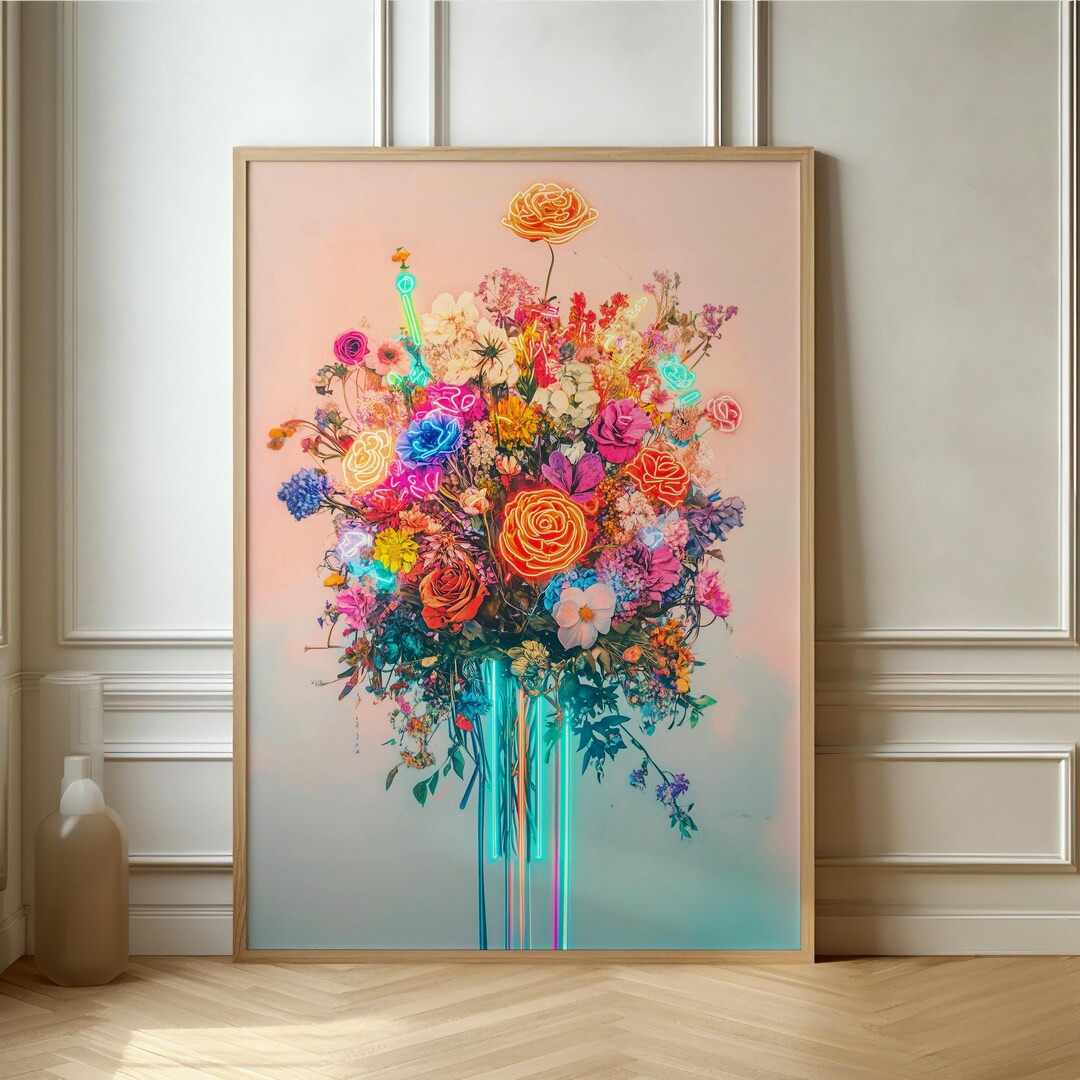 Vibrant Neon Floral Bouquet - Contemporary Digital Art Poster, Eye ...