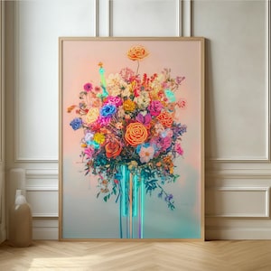 鮮やかなネオンの花束 - 現代デジタルアートポスター、モダンな空間に目を引く花の装飾