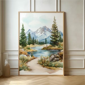 Póster de paisaje sereno de montaña: arte de acuarela tranquilo para amantes de la naturaleza, perfecto para una decoración acogedora del hogar