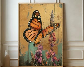 Monarch Butterfly Art Print - Floral Golden Nature Poster