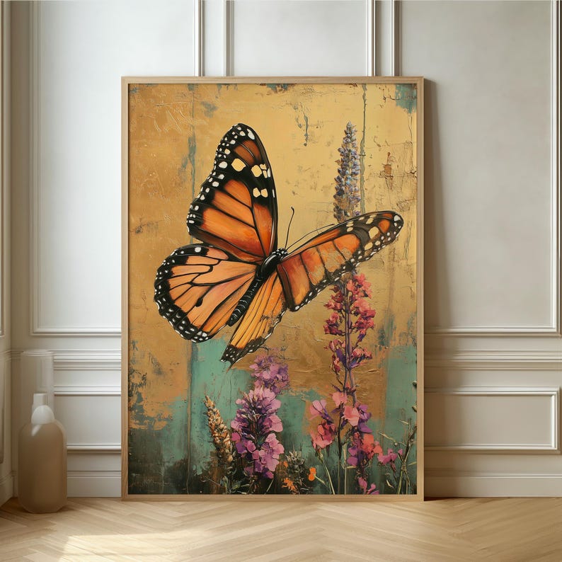 Monarch Butterfly Art Print - Floral Golden Nature Poster - Etsy