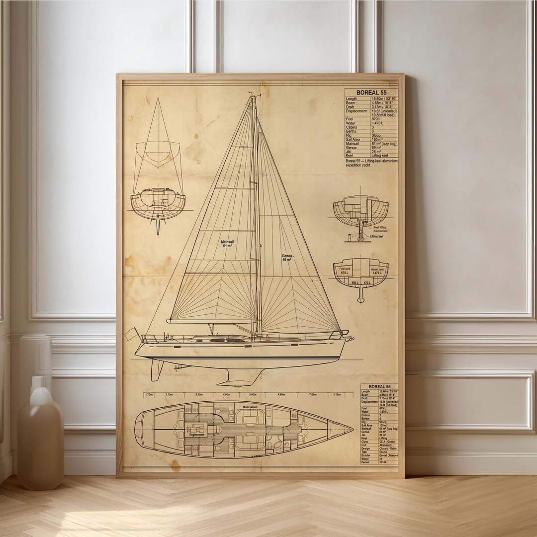 Sailboat Blueprint - Nautical Vintage Art Print, Décor for Marine ...