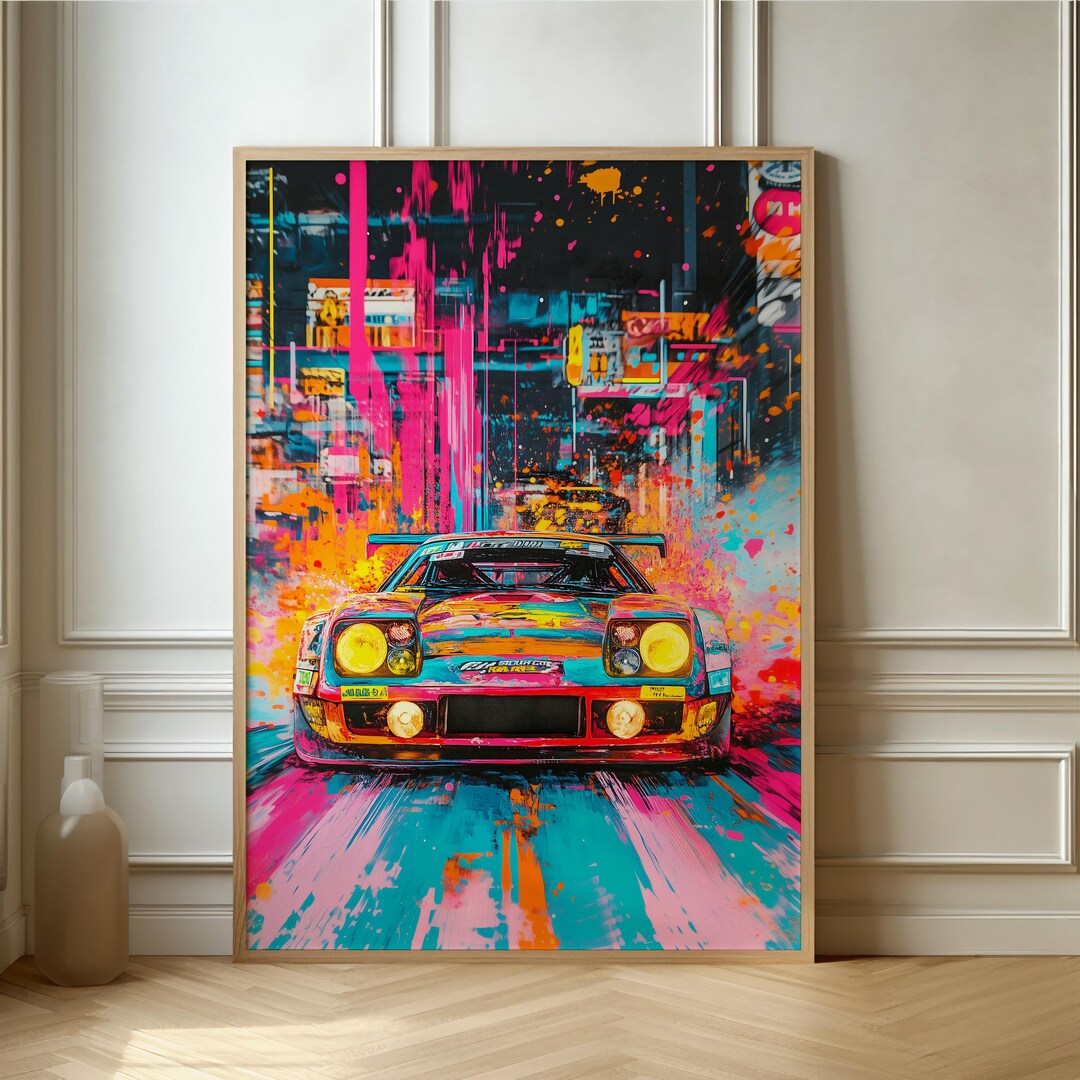 Neon Sports Car Art Print – Vibrant Urban Racing Poster - Etsy