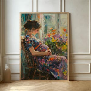 Abrazando la maternidad: póster impresionista colorido de una mujer embarazada en la naturaleza, perfecto para la decoración de la familia y la habitación de los niños