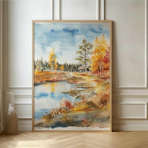 Póster de paisaje rústico otoñal: arte de cabaña y bosque en acuarela