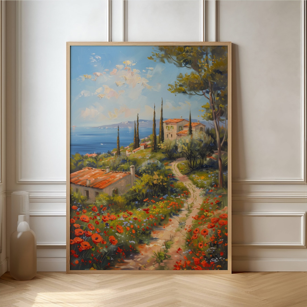 Mediterranean Landscape Art Print – Coastal Village, Floral Pathway - Etsy