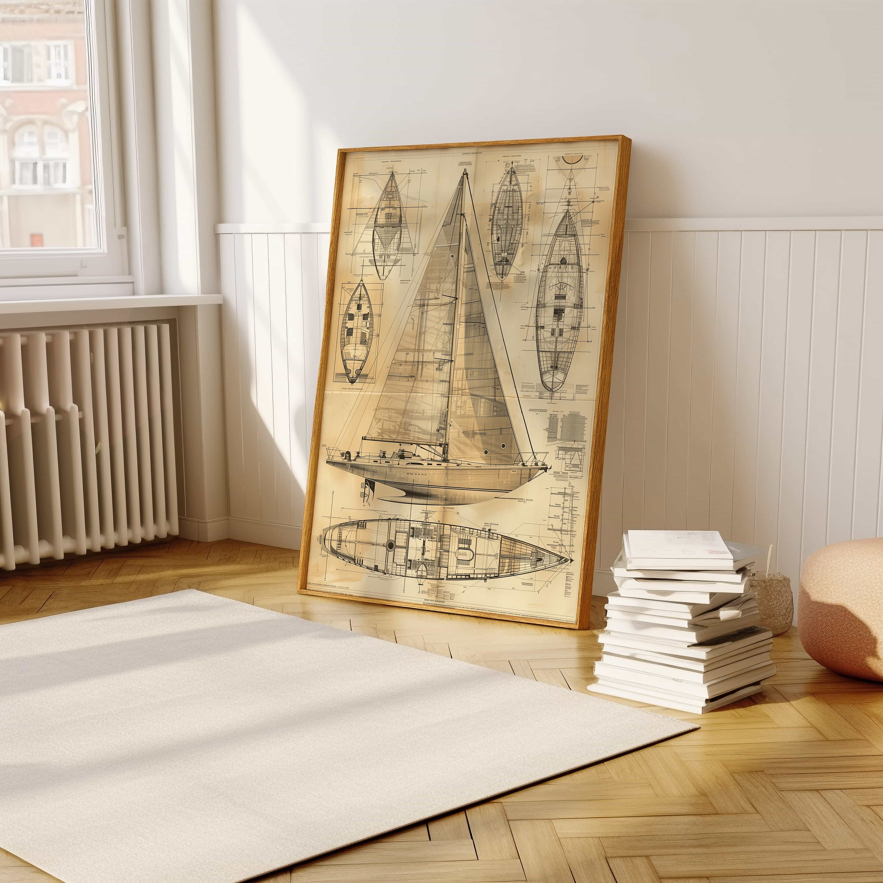 Vintage Sailboat Blueprint Poster - Nautical Boat Diagram Wall Art for ...