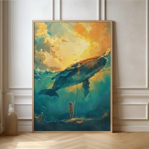 Póster de ballena y niño - Hermosa obra de arte de fantasía oceánica para decoración de pared de guardería