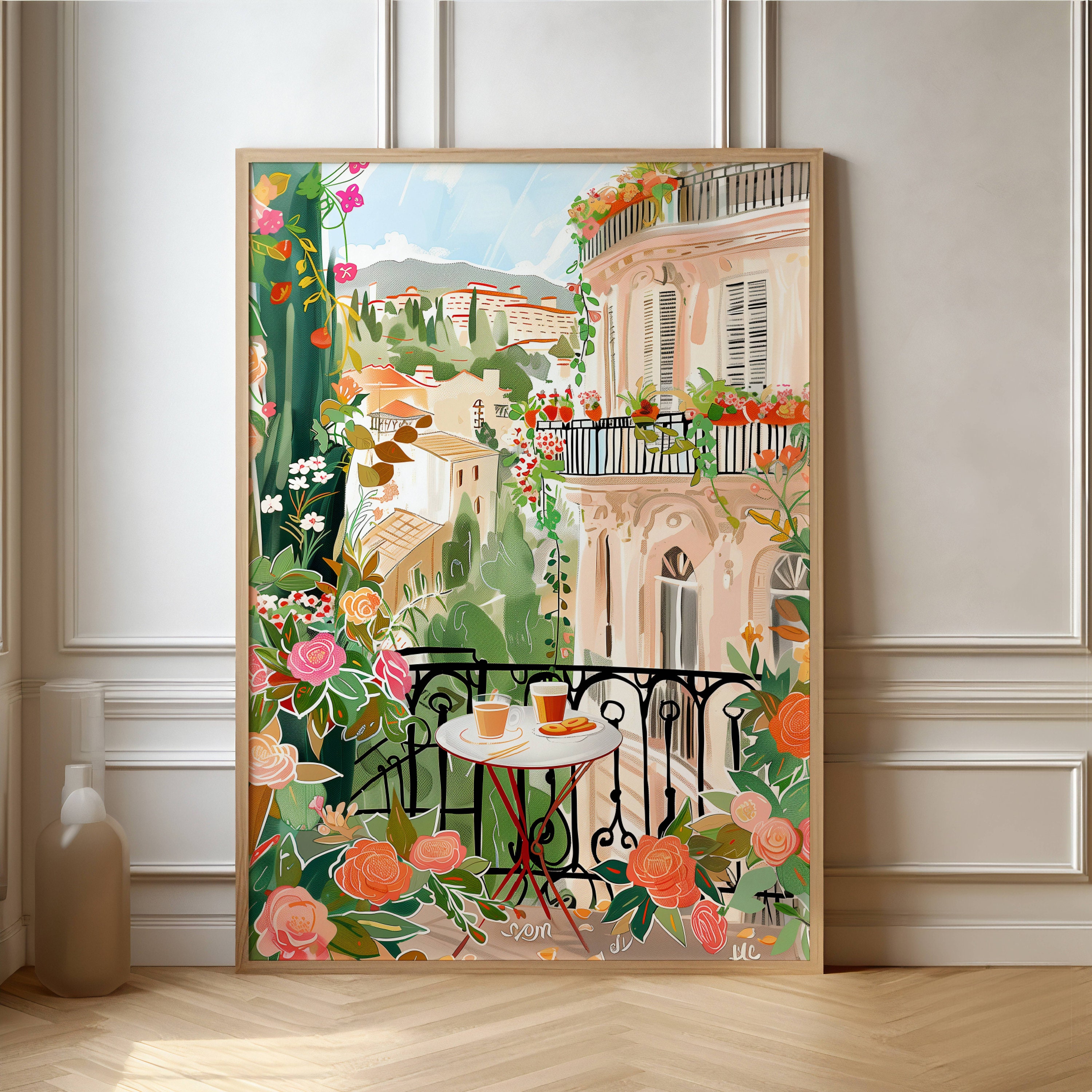 Charming European Balcony Art Print - Romantic Italian Floral Cafe
