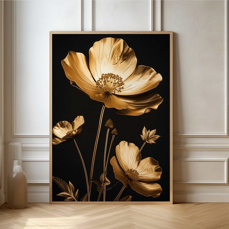 Modern Gold Flower Art Poster - Exquisite Metallic Gold Floral Wall ...