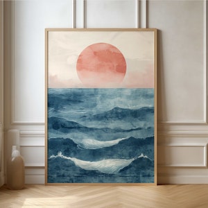 Ocean Serenity Art Print - Minimalistischer Sonnenuntergang und Meer Poster, ideal für nautische Wohnkultur-Enthusiasten