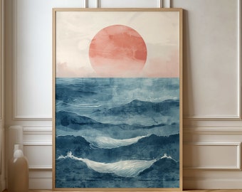 Minimalistische kunstprint oceaanzonsondergang – Woondecoratie kust