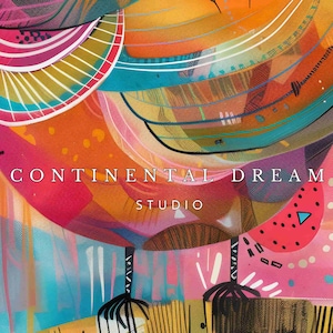 May include: Abstract painting with vibrant colors, including pink, orange, yellow, blue, and green. The painting features geometric shapes and lines, creating a dynamic and energetic composition. The text "CONTINENTAL DREAM STUDIO" is visible at the bottom of the painting.
