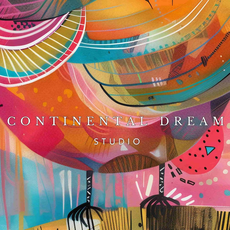 May include: Abstract painting with vibrant colors, including pink, orange, yellow, blue, and green. The painting features geometric shapes and lines, creating a dynamic and energetic composition. The text "CONTINENTAL DREAM STUDIO" is visible at the bottom of the painting.