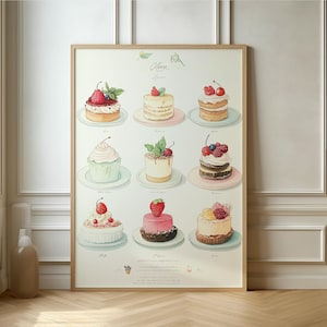 Póster de postres deliciosos: encantadora obra de arte ilustrativa de pasteles y repostería para la decoración de la cocina o la cafetería