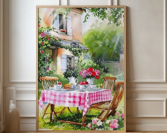 May include: A watercolor painting of a charming cottage with a pink and white checkered tablecloth set for tea on the patio. The table is surrounded by lush greenery and flowers.