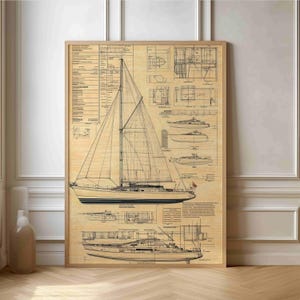 Póster de plano de yate clásico: arte náutico para amantes y coleccionistas de barcos