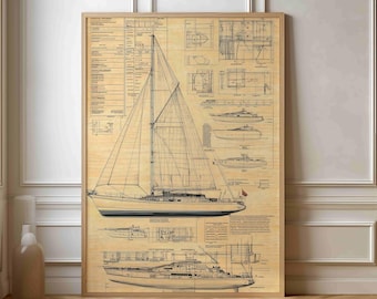 May include: A vintage style blueprint of a sailboat with detailed drawings of the vessel's interior and exterior. The blueprint is printed on a beige background with black ink.