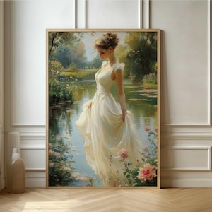 Romantisches Gartenszene Poster - Impressionistische Frau in Weißem Kleid Art
