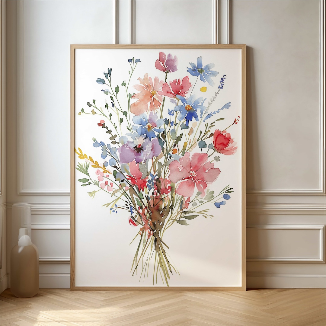Botanical Watercolor Poster - Colorful Flower Bouquet Wall Art for Home ...