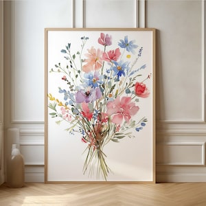 Botanical Watercolor Poster - Colorful Flower Bouquet Wall Art for Home