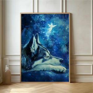 Dreamy Wolf in Galaxy - Enchanting Blue Wolf Art Print, Mystical Animal Poster for Nature and Fantasy Decor