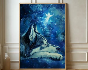 Dreamy Wolf in Galaxy - Enchanting Blue Wolf Art Print, Mystical Animal Poster for Nature and Fantasy Decor