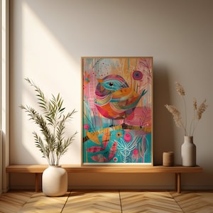 May include: A colorful abstract painting of a bird with pink, blue, yellow, and orange accents. The bird is perched on a branch with green leaves and pink flowers. The background is a light blue with white and pink splatters.