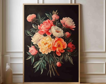 Vintage poster pioenroos - botanische bloemen kunst aan de muur