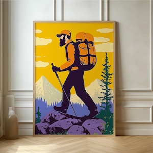 Abenteuerliches Wanderposter - Lebendiges Bergsteigen, farbenfrohes Outdoor-Abenteuer, Wanddekor