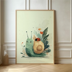 Adorable Snail with Ladybug Print - Charming Floral Wall Art, Perfect for Kids Spaces and Nature Lovers